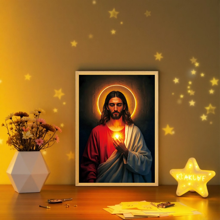 Picture of Jesus Lamp Light,The Jesus Lamp Wall Art,“I'm Always with You” 4D LED Christ Frame Light,LED Painting Inspiring Jesus Decorative Lights,Three-Color Adjustable Miracle Lamp for Home,Prayer Room,Church